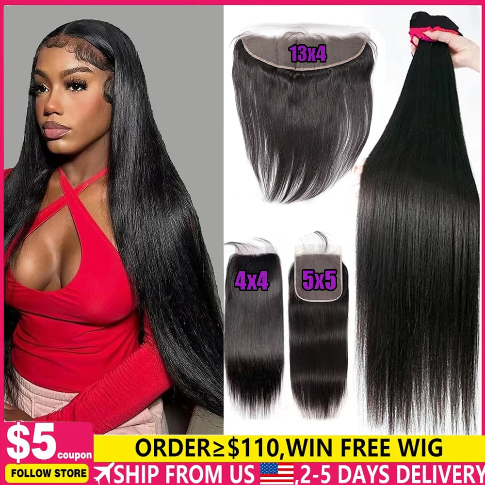 Peruvian Human Hair Bundles With Closure Straight Raw 3 4 Bundles With 4x4 5x5 HD Lace Closure Virgin Weave With 13x4 Frontal