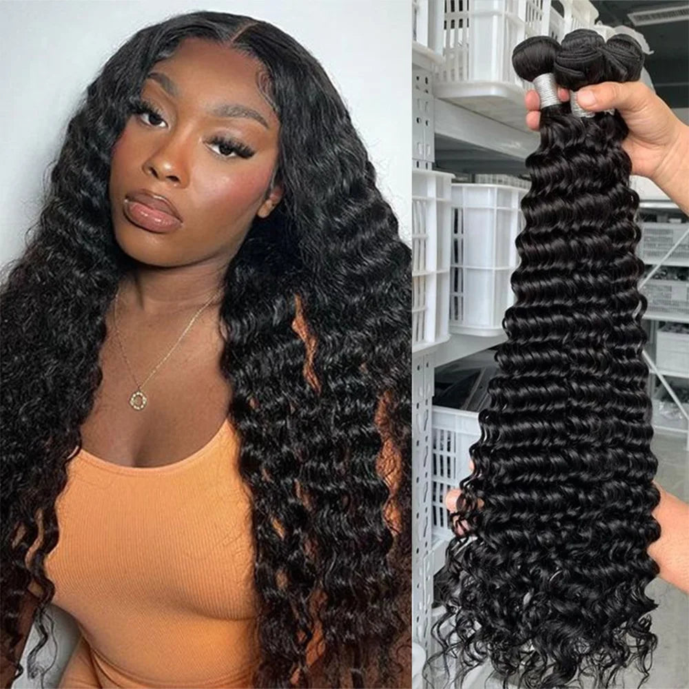 Deep Wave Human Hair Bundles 24 26 28 inch Deep Curly Bundles 100% Human Hair for Women Brazilian Raw Hair Extensions