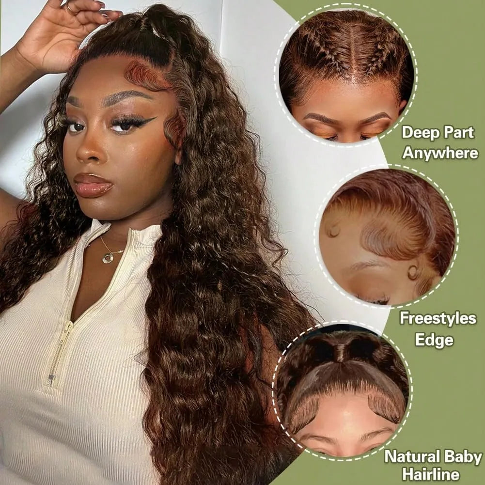 Chocolate Brown Deep Wave 13x6 Lace Front Wig Wig Human Hair Water Wave 250% Density Curly Wig Human Hair Brown Wigs Pre Plucked