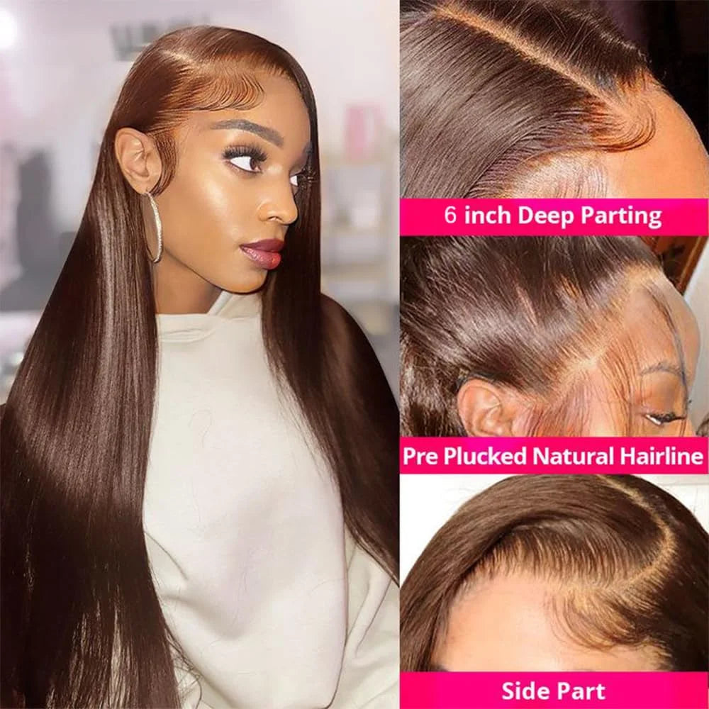 Chocolate Brown 13x4 Straight Human Hair Lace Front Wig Brazilian Colored 13X6 Transparent Lace Frontal Wig For Women