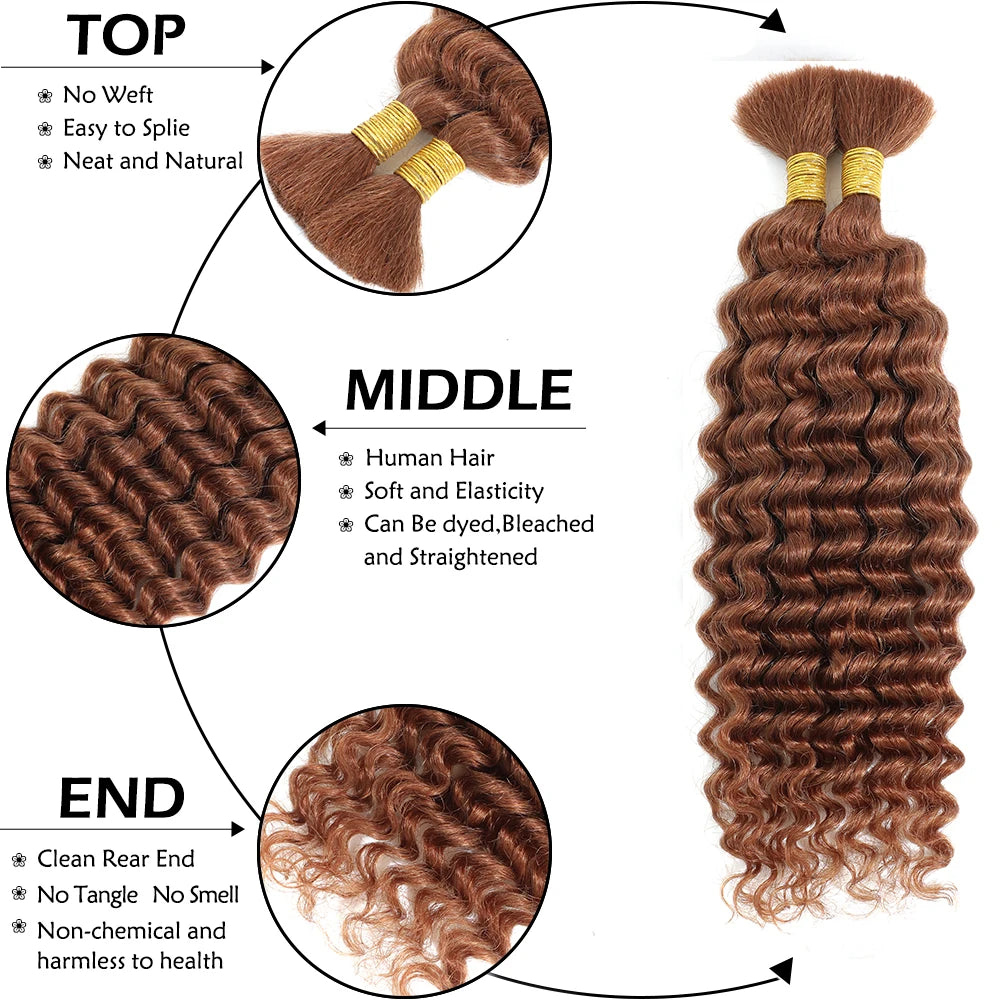Colored Deep Wave Bulk 100G 2 Bundles Human Hair for Boho Braids Curly Braiding Hair 14-24 inch Remy Hair Brazilian