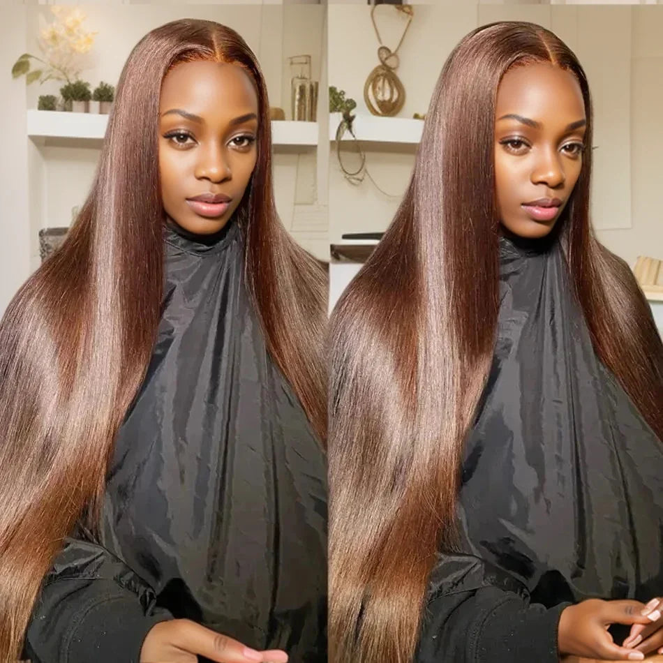 Chocolate Brown 13x4 Straight Human Hair Lace Front Wig Brazilian Colored 13X6 Transparent Lace Frontal Wig For Women