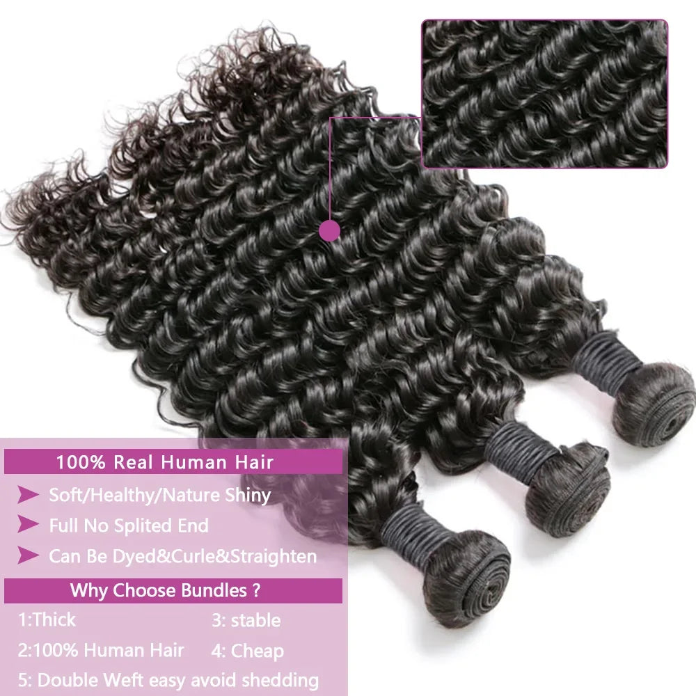 Deep Wave Human Hair Bundles 24 26 28 inch Deep Curly Bundles 100% Human Hair for Women Brazilian Raw Hair Extensions