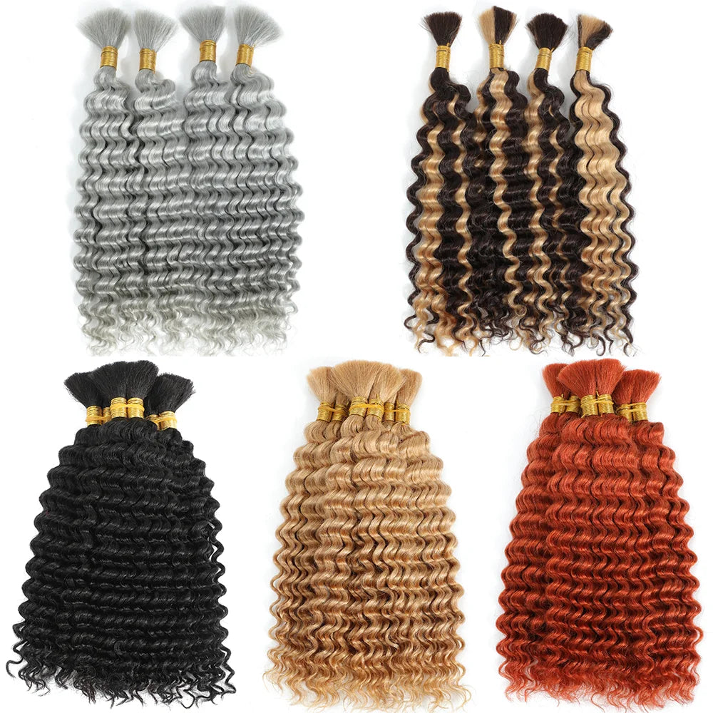 Colored Deep Wave Bulk 100G 2 Bundles Human Hair for Boho Braids Curly Braiding Hair 14-24 inch Remy Hair Brazilian
