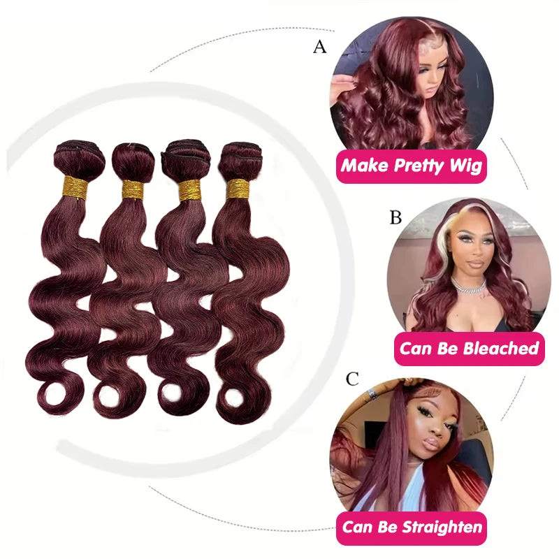99j Burgundy Body Wave Bundles 3 4 Bundle Colored Wine Red 100% Unprocessed Human Hair Bundles 16A Raw Hair Bundles Extensions
