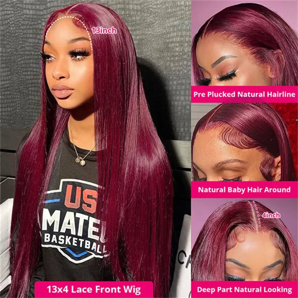 250 Density 99J Burgundy 13x4 Brazilian HD Lace Front Wig For Women Straight Red 30 Inch Glueless Lace Frontal Human Hair Wigs