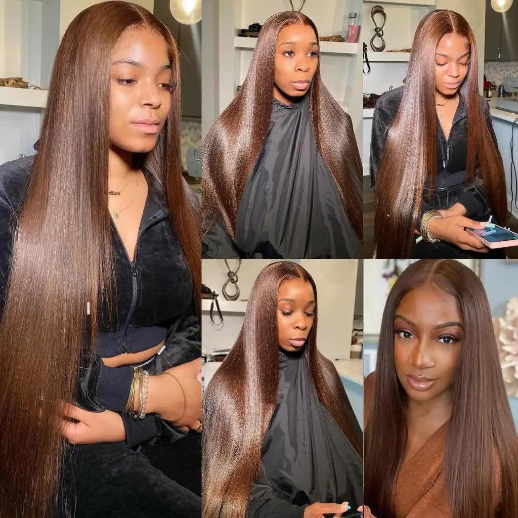 Chocolate Brown 13x4 Straight Human Hair Lace Front Wig Brazilian Colored 13X6 Transparent Lace Frontal Wig For Women
